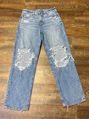 American Eagle Highest Rise Baggy Straight Jeans Womens 10 Blue Denim Thrashed